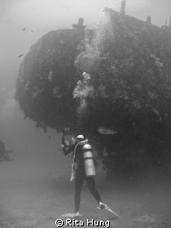 Diver so concentrate to take photograph of the ship wreck. by Rita Hung 